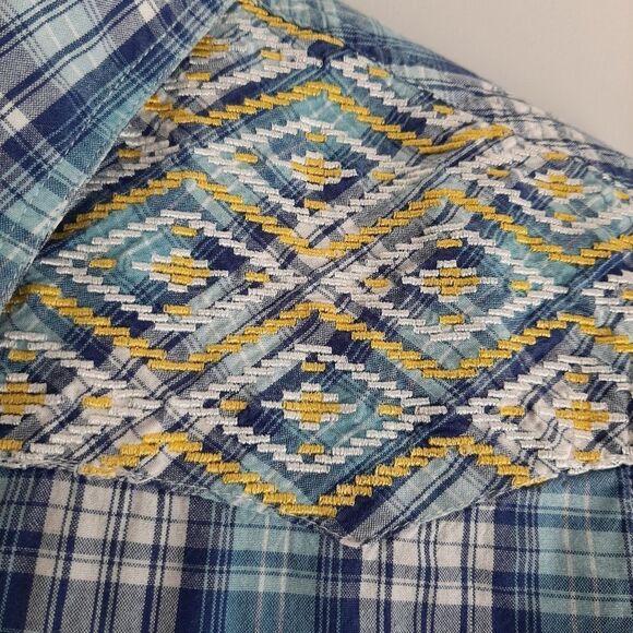 PANHANDLE | Embroidery Pearl Snap Button Down Western Shirt Blue Plaid L Flawed - Picture 5 of 16